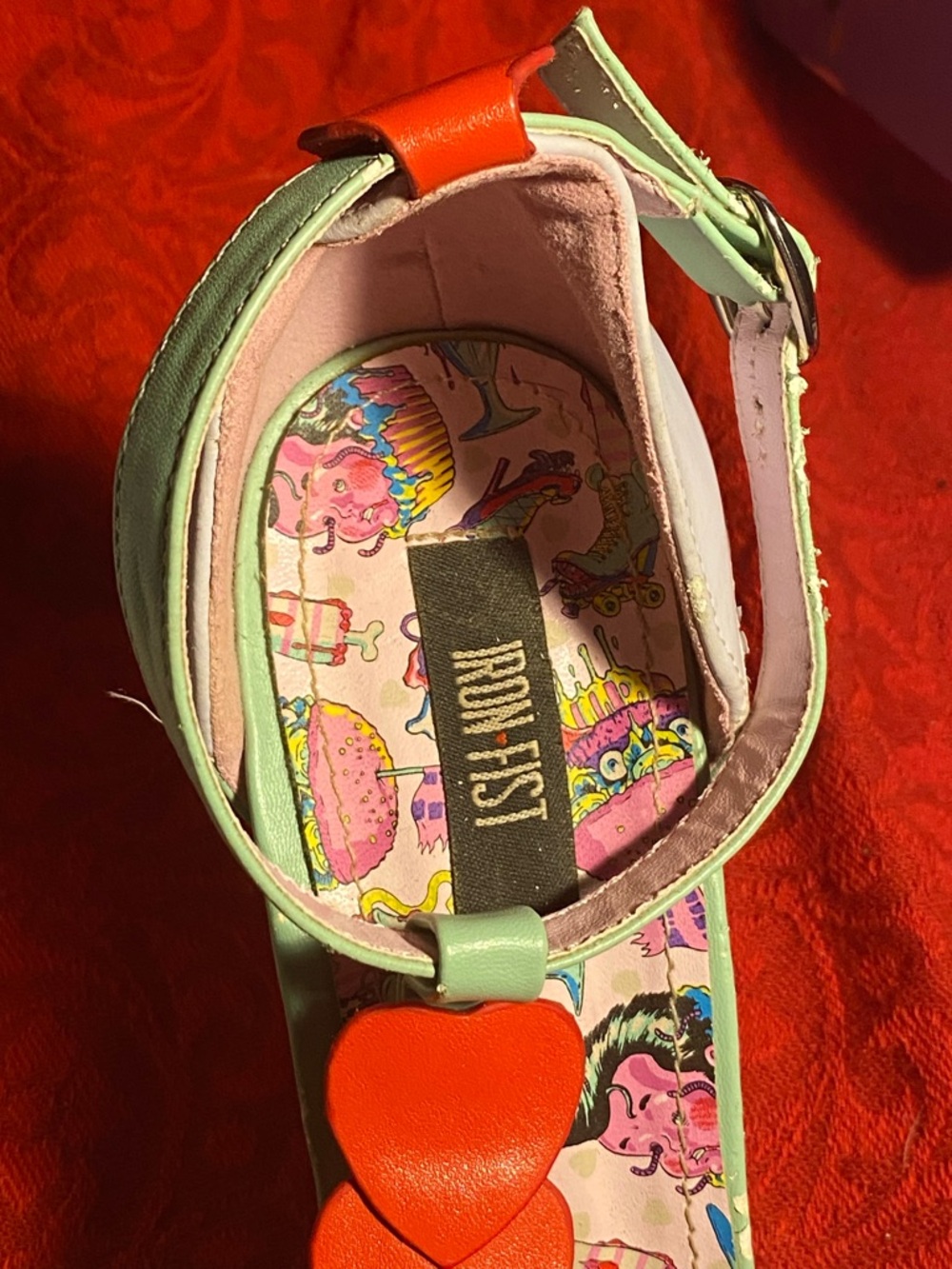 Iron Fist T-strap high heel sandals,pastel shades,cupcake details,red hearts,7 - Picture 9 of 15